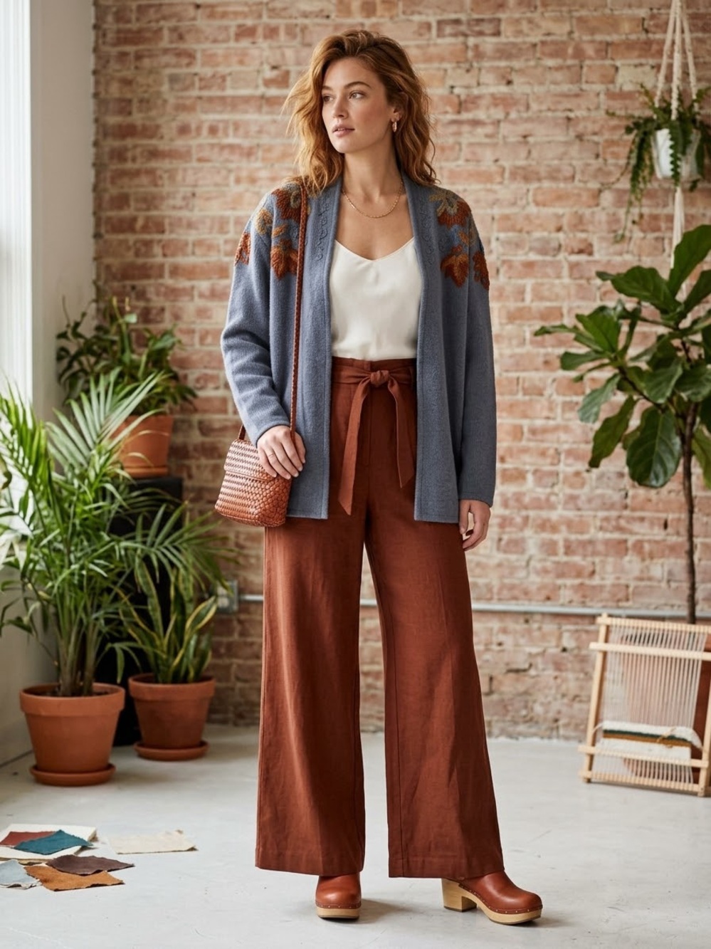 Magnolia Blue Cardigan with Rust Floral Yoke